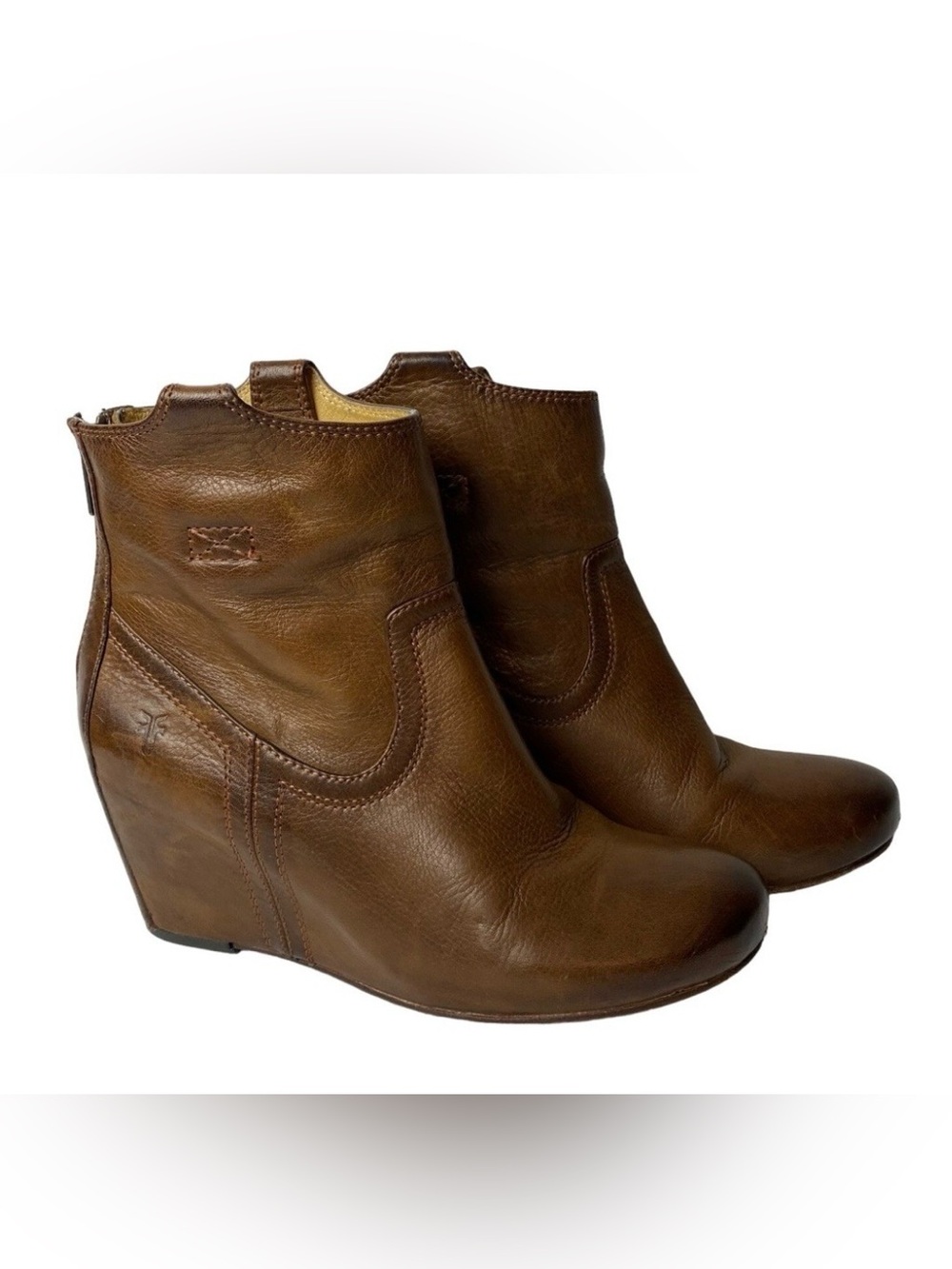 Frye Carson Cognac Brown Wedge Booties